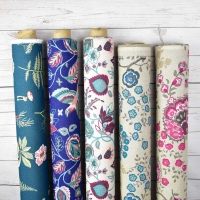 Dekostoff Leinenlook Kelchblumen, jeansblau mint natur