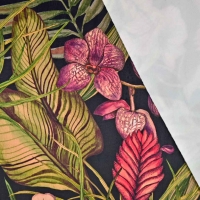 Dekosamt Velourstoff tropische Blumen Bl�tter, gr�n beere schwarz