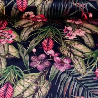 Dekosamt Velourstoff tropische Blumen Bl�tter, gr�n beere schwarz