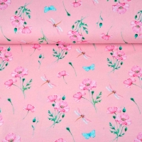 Jerseystoff Blumen Libellen Digitaldruck, pink rosa