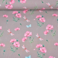 Jerseystoff Blumen Libellen Digitaldruck, pink taupe