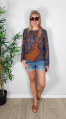RESTST�CK 105 cm Viskose Stoff Blusenstoff Ringe Quadrate, terracotta braun jeansblau