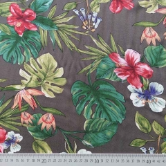 Viskose Twillstoff tropische Bl�tter Blumen, gr�n braun