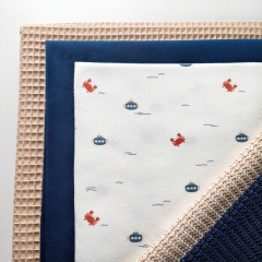 Jerseystoff Krebse Wellen, jeansblau rotbraun cremewei�