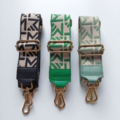 Taschengurt Taschenriemen abstraktes Muster- gr�n ecrue- gr�nes Leder-gold Schnallen