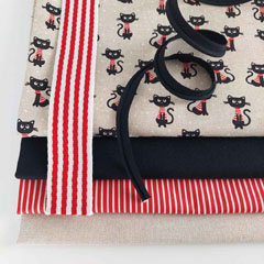 Dekostoff Katzen Punkte gestreiftes T-Shirt, schwarz rot natur