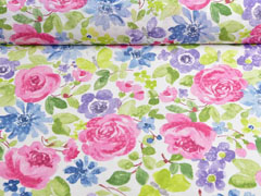 Dekostoff gro�e Blumen, rosa blau wei�