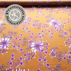 Baumwollstoff Silky Cotton tropische Blumen flieder currygelb
