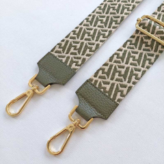 Taschengurt Taschenriemen abstraktes Muster 5 cm breit, ecrue armygr�n, armygr�nes Leder,gold Schnallen