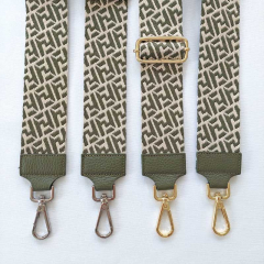 Taschengurt Taschenriemen abstraktes Muster 5 cm breit, ecrue armygr�n, armygr�nes Leder,gold Schnallen