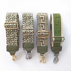 Taschengurt Taschenriemen abstraktes Muster 5 cm breit, ecrue armygr�n, armygr�nes Leder,gold Schnallen