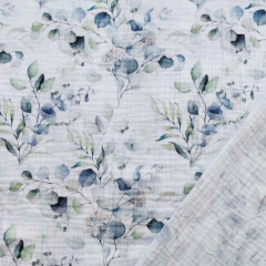 Musselin Stoff Eukalyptusbl�tter Ranken, mint blaugrau weiss