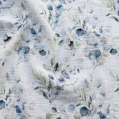 Musselin Stoff Eukalyptusbl�tter Ranken, mint blaugrau weiss