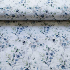 Musselin Stoff Eukalyptusbl�tter Ranken, mint blaugrau weiss