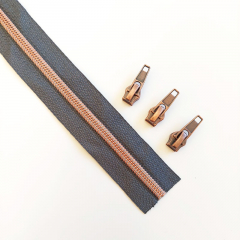 1 m Rei�verschluss metallisiert KUPFER 6,5 mm Spirale + 3 Schieber, anthrazit