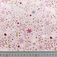 Baumwollstoff Sterne Tannenb�ume Glitzerdruck, hellaltrosa