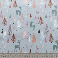 Baumwollstoff Popelin Rehe Tannenb�ume, grau