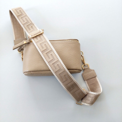 Taschengurt grafisches Muster 3D - ecrue beige, beiges Leder, gold Schnallen