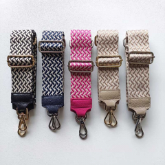 Taschengurt Taschenriemen Webmuster Weave - hellbeige schwarz -schwarzes Leder- gold Schnallen
