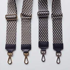 Taschengurt Taschenriemen Webmuster Weave - hellbeige schwarz -schwarzes Leder- gold Schnallen