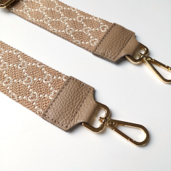 Taschengurt Herzen Gitternetz grafisches Muster, beige creme - beiges Leder - gold Schnalle