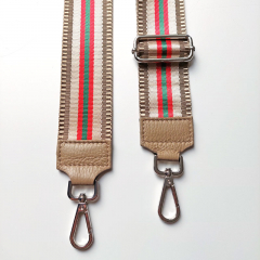 Taschengurt Streifen dunkelbeige beige rot gr�n-beige Leder - silber Schnallen