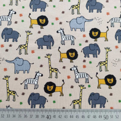 Jerseystoff Zootiere Elefanten L�wen Giraffen, beige