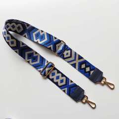 Taschengurt Taschenriemen Rauten Ethnomuster, kobalt blau creme - blaues Leder - gold Schnallen