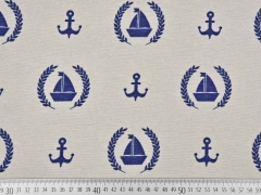 Dekostoff Anker & Boote, marineblau hellbeige