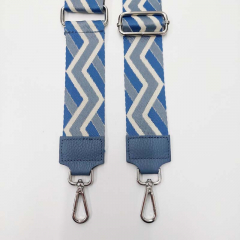 Taschengurt Taschenriemen Zickzack Ethnomuster - mittelblau ecrue blaugrau - jeanslaues Leder- silber Schnallen