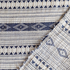 Jacquardstoff Rauten Bord�ren Boho-Style, jeansblau cremewei�