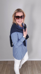 Baumwollstoff mit Stretch L�ngsstreifen, wei� dunkelblau