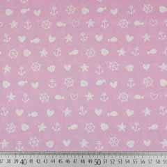Baumwollstoff Anker Muscheln Herzen, weiss rosa