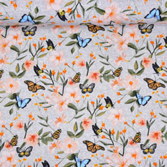Jerseystoff Schmetterlinge Blumen, aprikot khakigr�n blau grau meliert