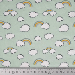 RESTST�CK 49 cm Baumwollstoff Regenb�gen Wolken, ockergelb mint hellgr�n
