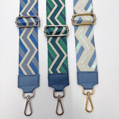 Taschengurt Taschenriemen Zickzack Ethnomuster, jeansblau ecrue glitzer transparent, jeansblaues Leder, gold Schnallen