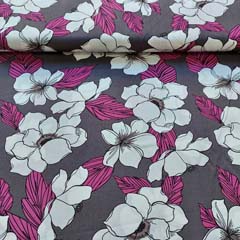 RESTST�CK 110 cm Viskose Stoff Popelin gro�e Blumen Bl�tter, helle pflaume dunkelgrau (taupegrau)
