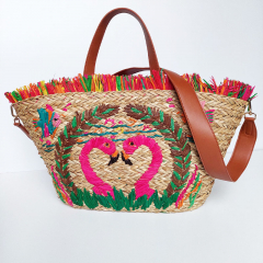 Strohtasche Strohkorb Einkaufstasche Strandtasche geflochten Flamingos, pink beige