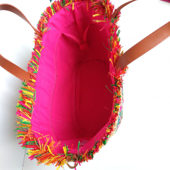 Strohtasche Strohkorb Einkaufstasche Strandtasche geflochten Flamingos, pink beige