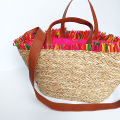 Strohtasche Strohkorb Einkaufstasche Strandtasche geflochten Flamingos, pink beige
