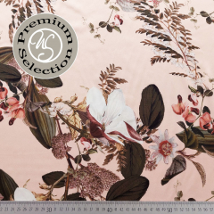 Viskose Satin Stoff Blumen Bl�tter Ranken, armygr�n wei� aprikot- Made in Italy