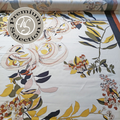 Viskose Satinstoff Blumen Ranken Orto del Sole - braun schwarz gr�n wei� - Made in Italy