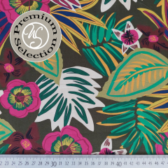 Viskose Stoff Blusenstoff tropische Blumen & Bl�tter Estate in Fiore, beere mint dunkelbraun - Made in Italy