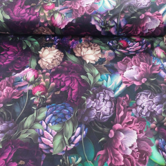 Samtstoff Velourstoff tropische Blumen Bl�tter, beere altrosa lila