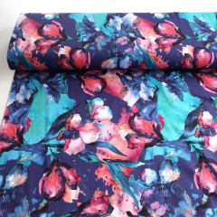 Viskose Jerseystoff Blumen Bl�tter Aquarell Stil, rot mint t�rkis lilablau
