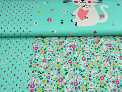 Jersey Katze Blumen Panel 3 in 1, aquamarin