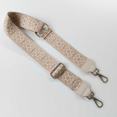 Taschengurt Taschenriemen Labyrinth Muster, beige ecrue, creme Lederenden, silber Schnallen