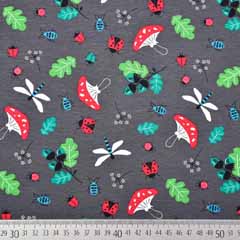 Jerseystoff Fliegenpilze Libellen Eichenbl�tter, dunkelgrau