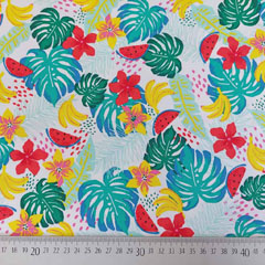 Jerseystoff tropische Bl�tter Blumen Melone, wei�