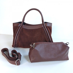 Wildledertasche 2 in 1 Handtasche & T�schchen Ledergriffe-schokobraun-Made in Italy